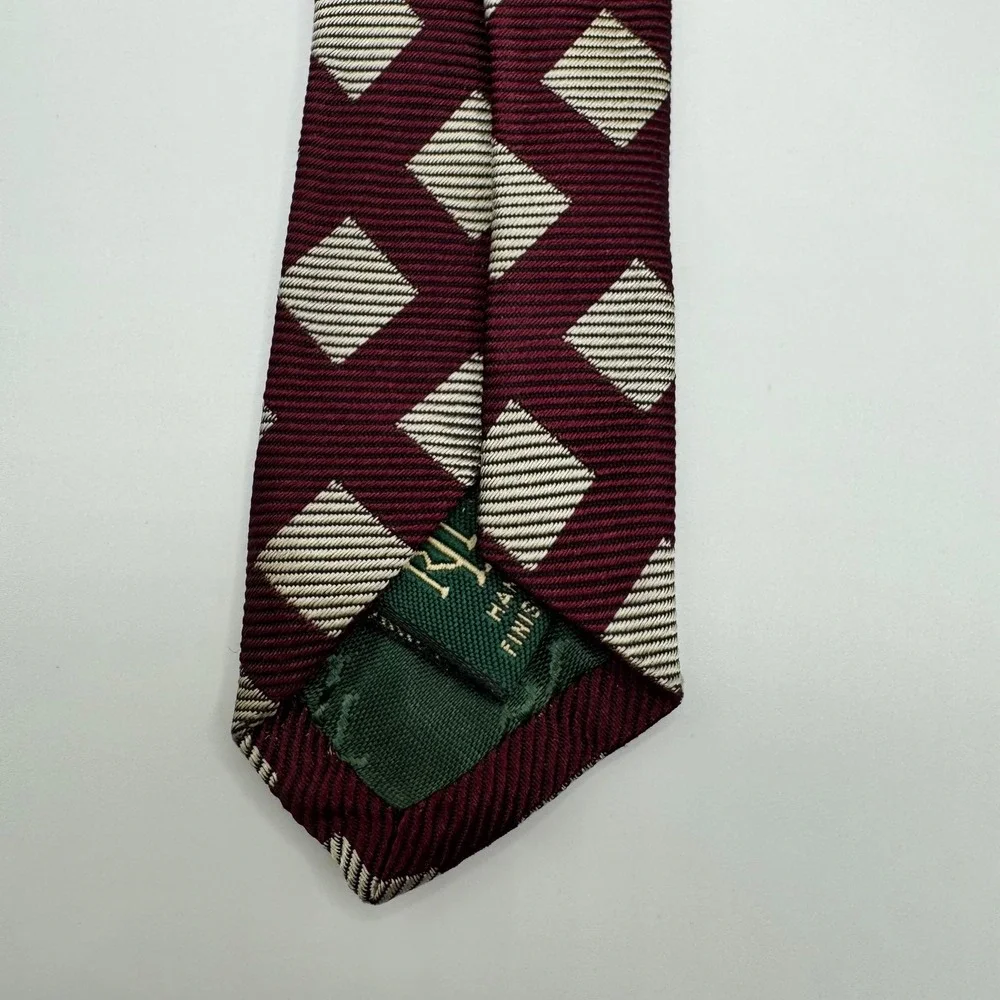 Lauren‎ Ralph Lauren Mens Silk Tie Burgundy Cream Geometric Diamond Luxury